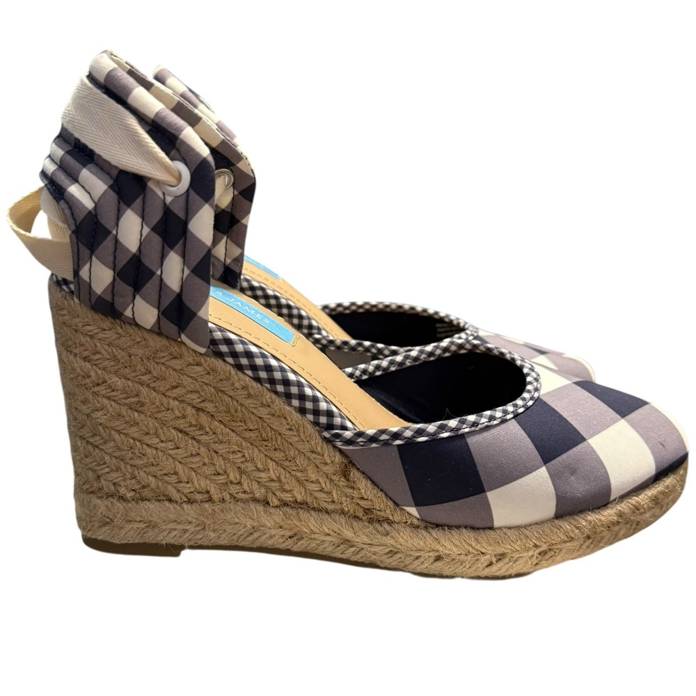 Draper‎ James Navy Gingham Espadrille Wedges Size 8 Ankle Wrap Southern Chic - Picture 12 of 13